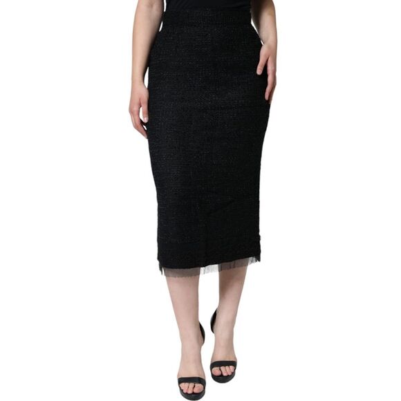 Dolce & Gabbana Pencil Skirt Tweed Tulle Hem Women Black Skirts